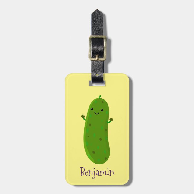 Cute happy pickle cartoon illustration luggage tag (Front Vertical)