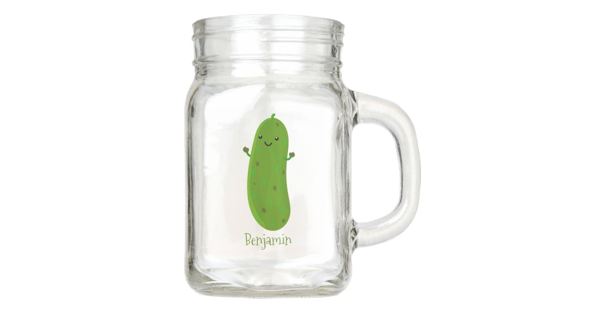 Cute happy pickle cartoon illustration mason jar | Zazzle