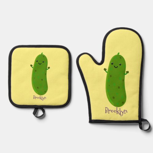 Cute happy pickle cartoon illustration oven mitt  pot holder set