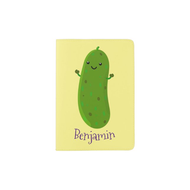 Cute happy pickle cartoon illustration passport holder (Front)