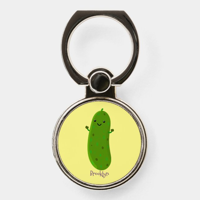 Cute happy pickle cartoon illustration phone ring stand (Front)