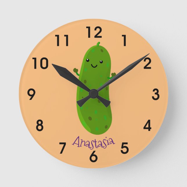 Cute happy pickle cartoon illustration round clock (Front)