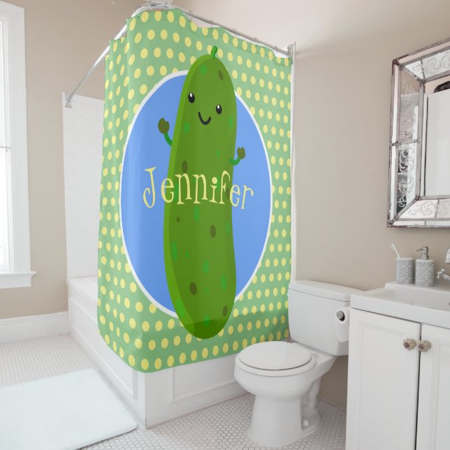 Cute happy pickle cartoon illustration shower curtain (In Situ)