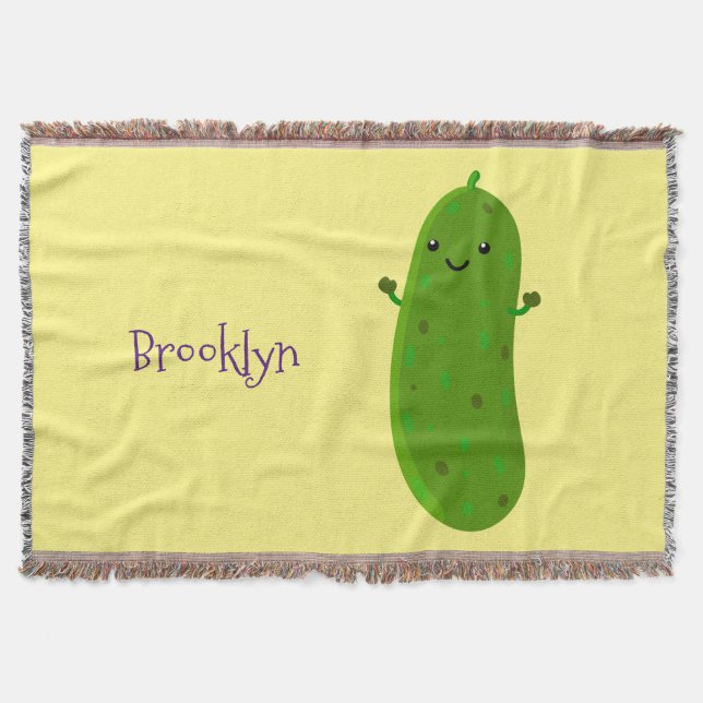 Cute happy pickle cartoon illustration throw blanket (Front)