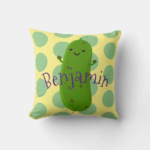 Cute happy pickle cartoon illustration throw pillow