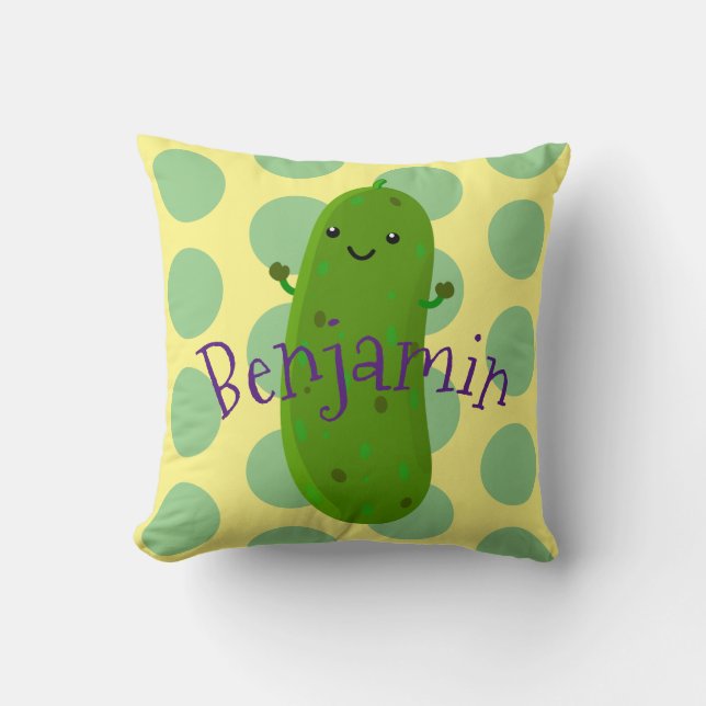 Cute happy pickle cartoon illustration throw pillow (Front)