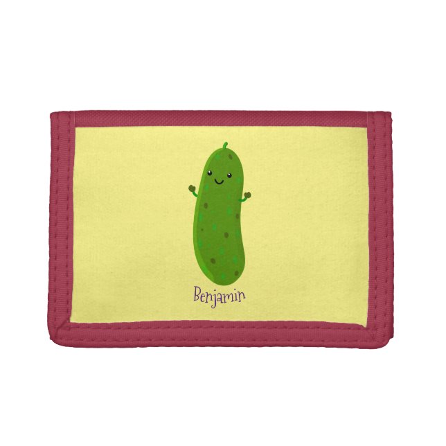 Cute happy pickle cartoon illustration trifold wallet (Front)