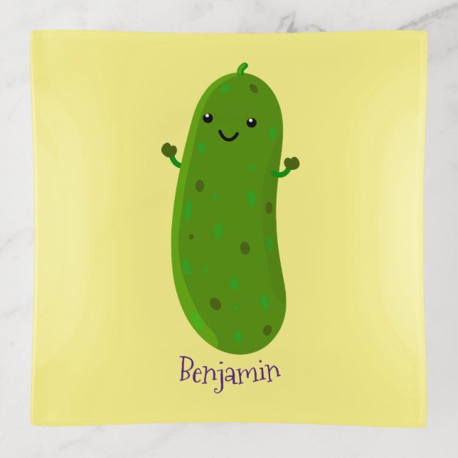 Cute happy pickle cartoon illustration trinket tray (Front)