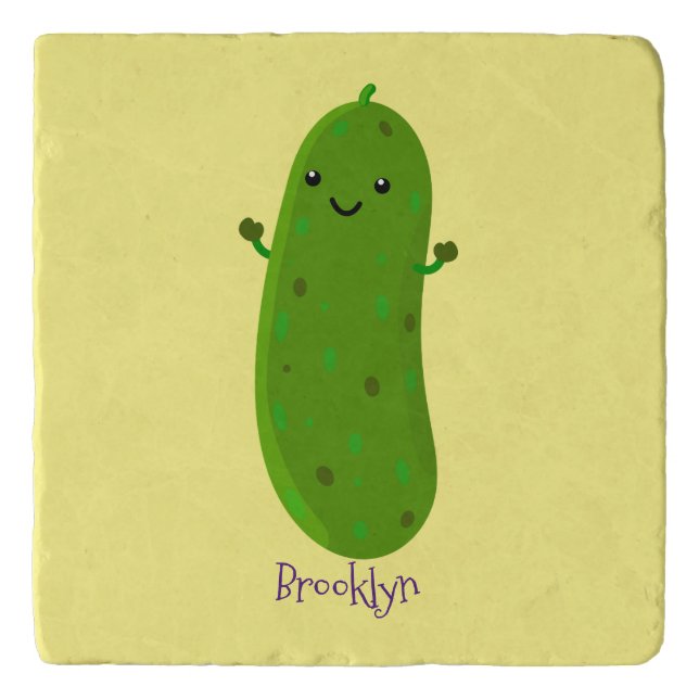 Cute happy pickle cartoon illustration trivet (Front)
