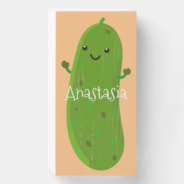 Cute happy pickle cartoon illustration wooden box sign (Front Vertical)