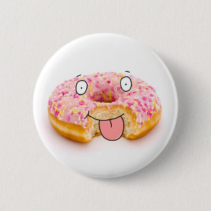 Cute happy pink donut character button