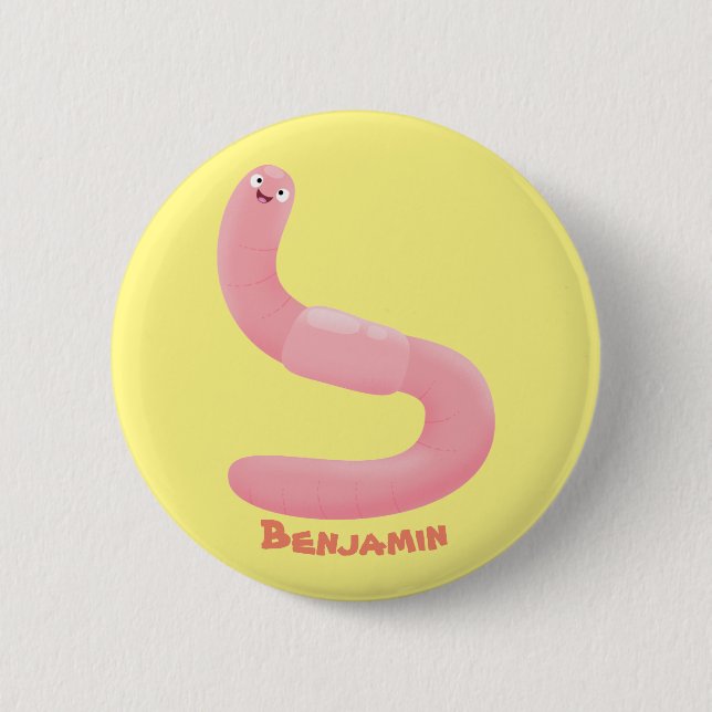 Cute happy pink earthworm cartoon button (Front)