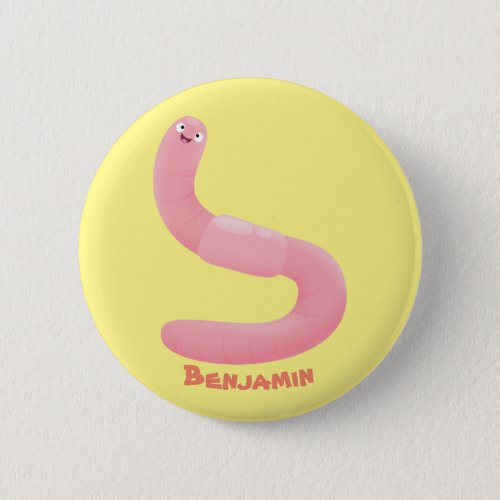 Cute happy pink earthworm cartoon button