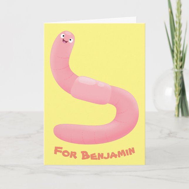 Cute happy pink earthworm cartoon card (Front)