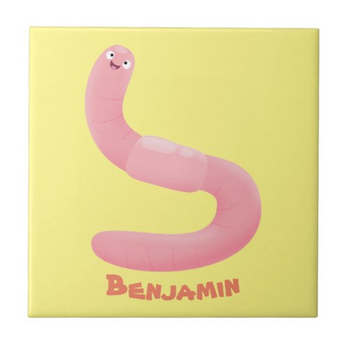 Cute happy pink earthworm cartoon ceramic tile