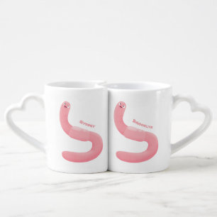 Cute happy pink earthworm cartoon coffee mug set