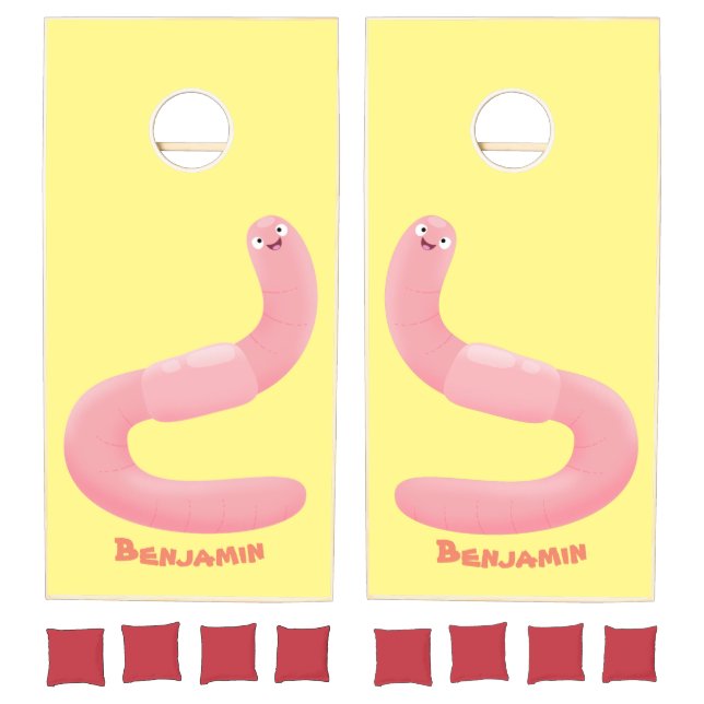 Cute happy pink earthworm cartoon cornhole set (Set)