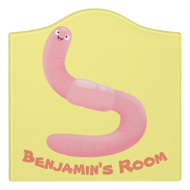 Cute happy pink earthworm cartoon door sign (Large Crest Front)