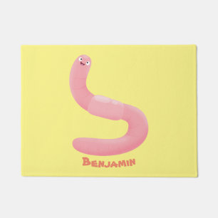 Cute happy pink earthworm cartoon doormat