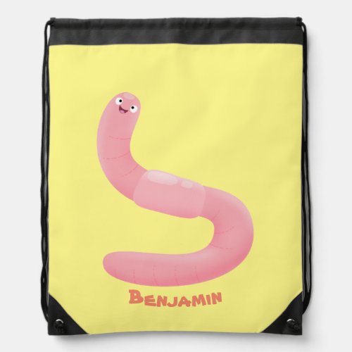 Cute happy pink earthworm cartoon drawstring bag