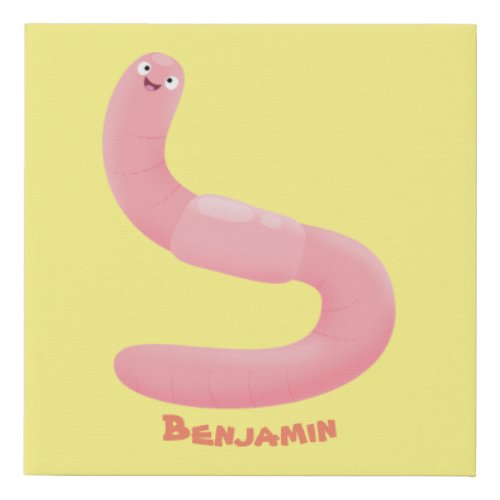 Cute happy pink earthworm cartoon faux canvas print