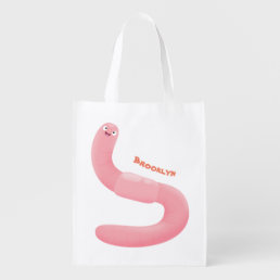 Cute happy pink earthworm cartoon grocery bag