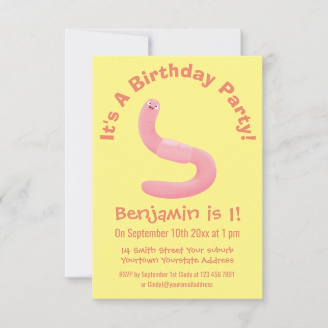 Cute happy pink earthworm cartoon invitation (Front)