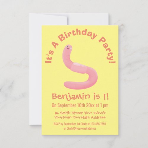 Cute happy pink earthworm cartoon invitation