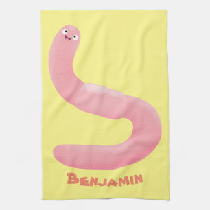 Cute happy pink earthworm cartoon kitchen towel