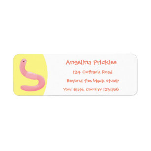 Cute happy pink earthworm cartoon label