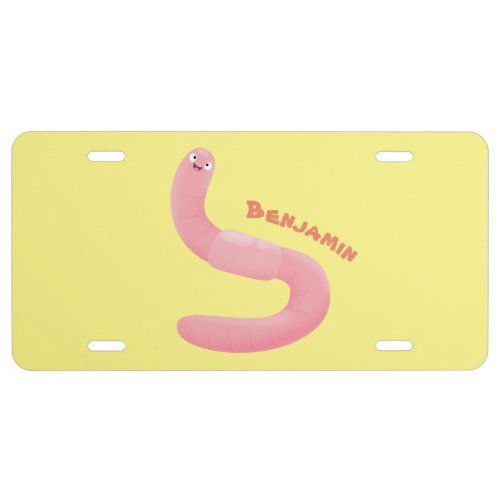 Cute happy pink earthworm cartoon license plate