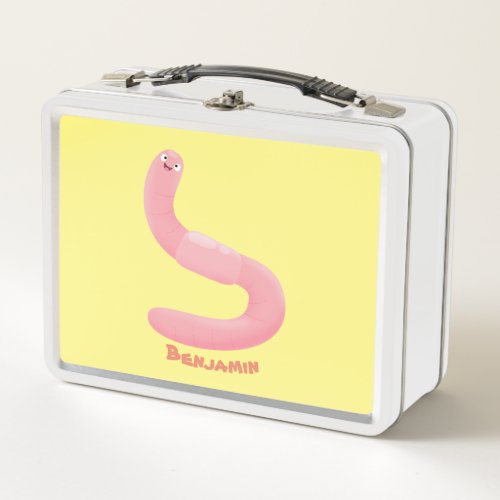 Cute happy pink earthworm cartoon metal lunch box