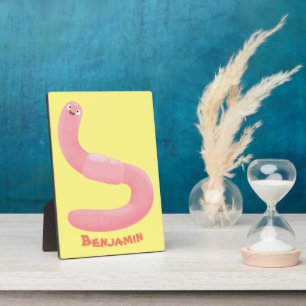 Cute happy pink earthworm cartoon plaque