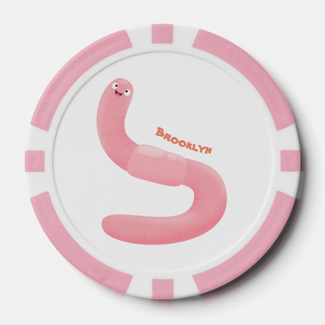 Cute happy pink earthworm cartoon poker chips (Front)