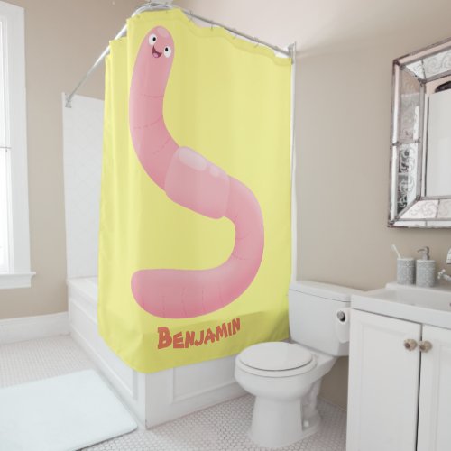 Cute happy pink earthworm cartoon shower curtain