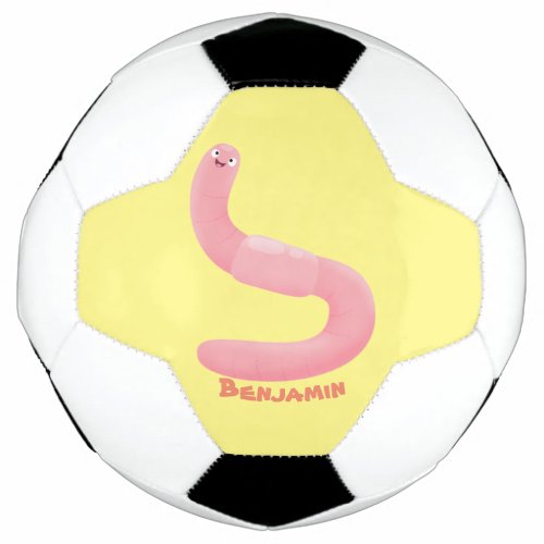 Cute happy pink earthworm cartoon soccer ball