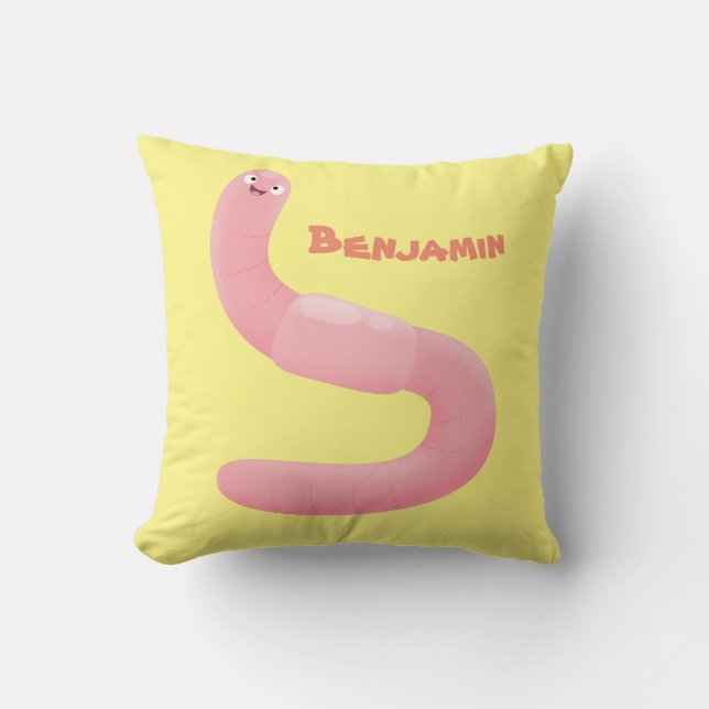 Cute happy pink earthworm cartoon throw pillow (Front)