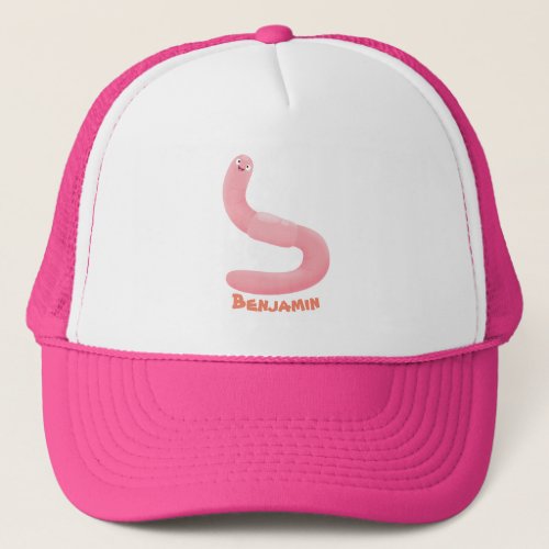 Cute happy pink earthworm cartoon trucker hat