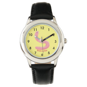Cute happy pink earthworm cartoon watch