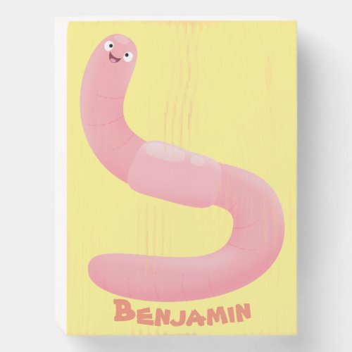 Cute happy pink earthworm cartoon wooden box sign