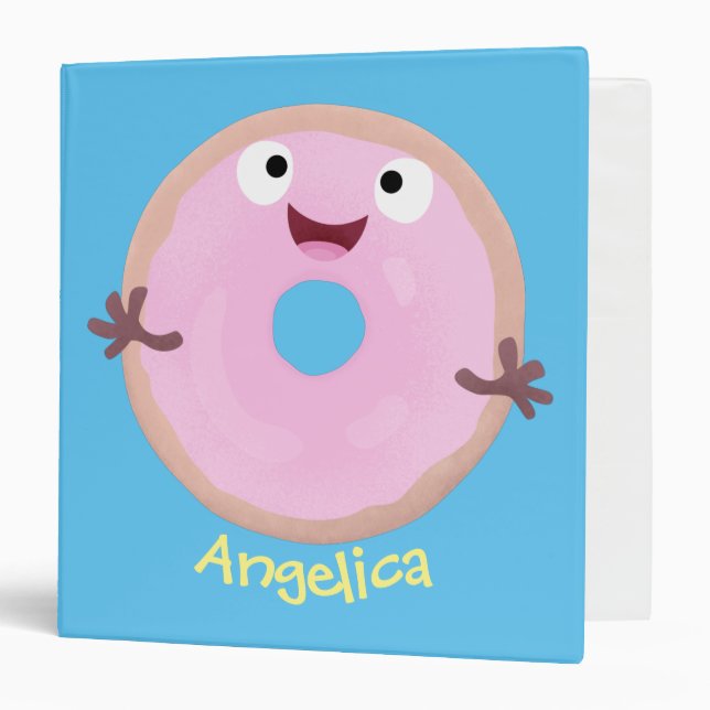 Cute happy pink glazed donut cartoon 3 ring binder (Front/Inside)