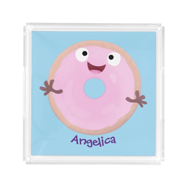Cute happy pink glazed donut cartoon acrylic tray (Front)