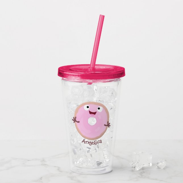 Cute happy pink glazed donut cartoon acrylic tumbler (Back Ice)