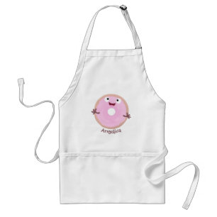 Cute happy pink glazed donut cartoon adult apron