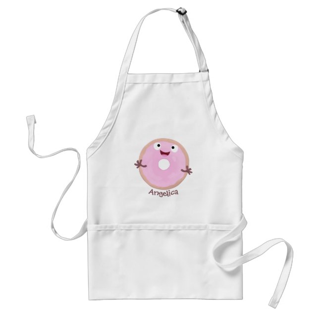 Cute happy pink glazed donut cartoon adult apron (Front)