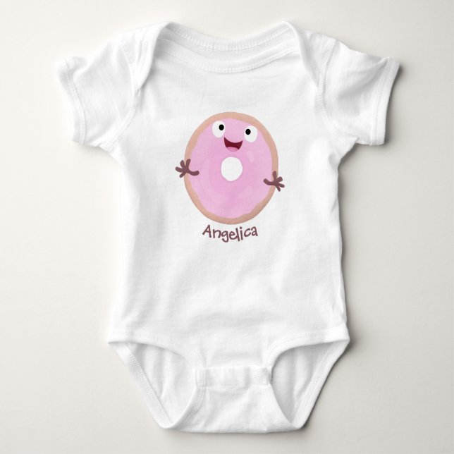 Cute happy pink glazed donut cartoon baby bodysuit (Front)