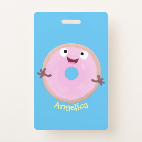Cute happy pink glazed donut cartoon badge