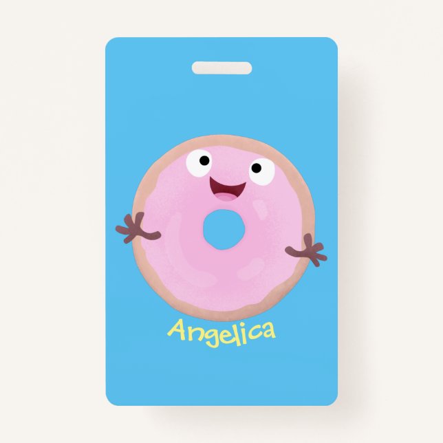 Cute happy pink glazed donut cartoon badge (Front)