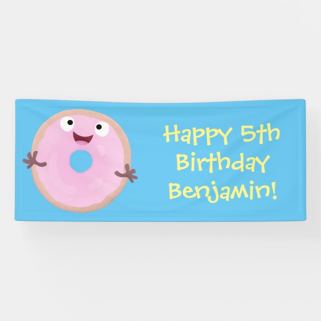 Cute happy pink glazed donut cartoon banner (Horizontal)