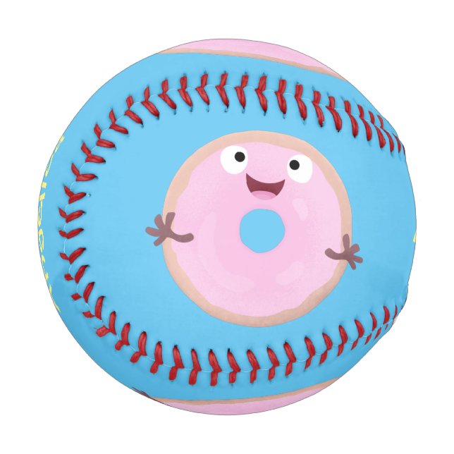 Cute happy pink glazed donut cartoon baseball (Front Left)